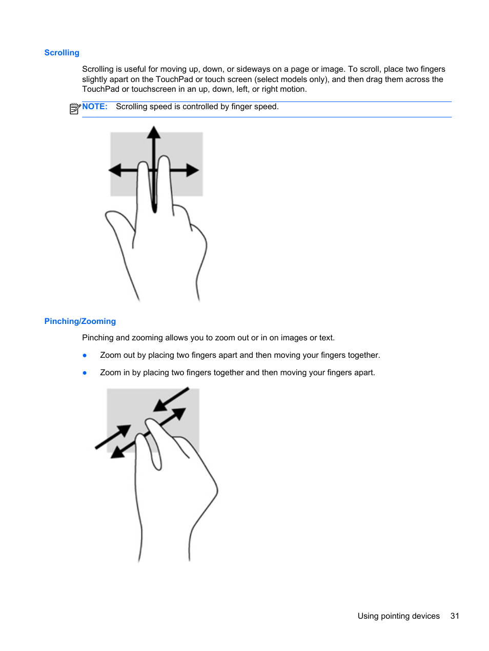Scrolling, Pinching/zooming, Scrolling pinching/zooming | HP ProBook 4340s Notebook-PC User Manual | Page 41 / 125