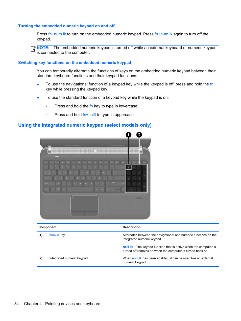 Turning the embedded numeric keypad on and off | HP ProBook 4340s Notebook-PC User Manual | Page 44 / 125