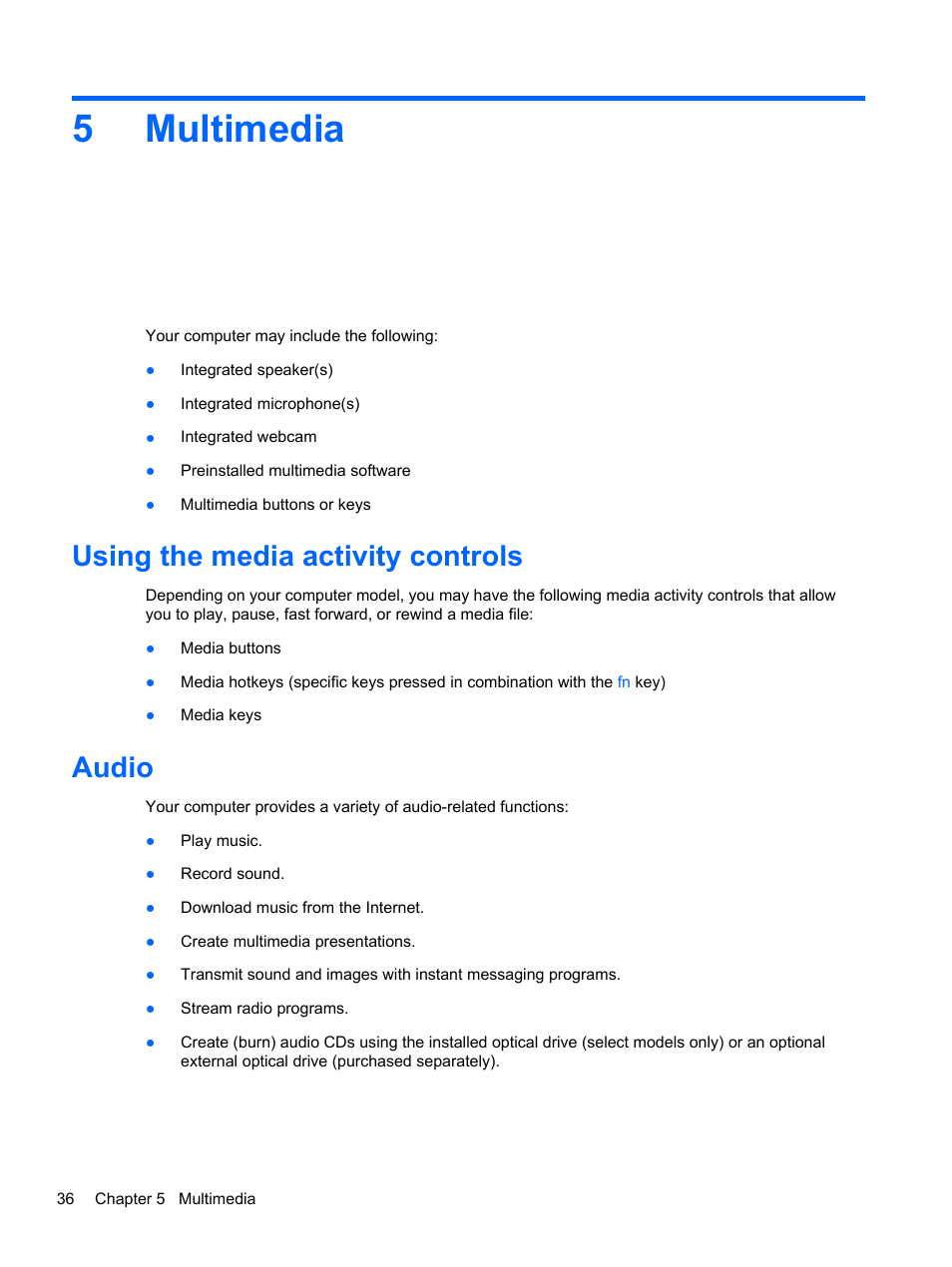 Multimedia, Using the media activity controls, Audio | 5 multimedia, Using the media activity controls audio, 5multimedia | HP ProBook 4340s Notebook-PC User Manual | Page 46 / 125