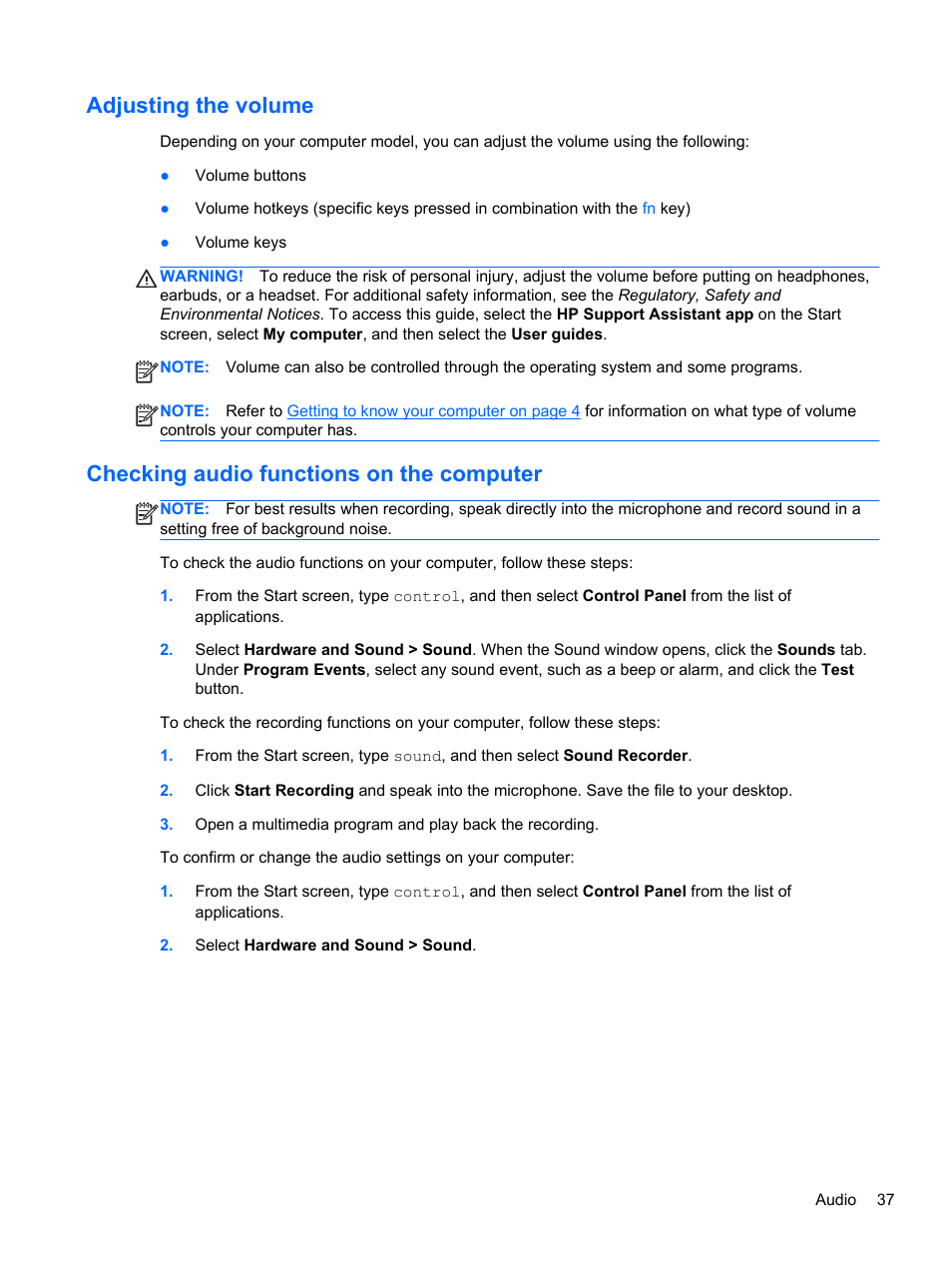 Adjusting the volume, Checking audio functions on the computer | HP ProBook 4340s Notebook-PC User Manual | Page 47 / 125