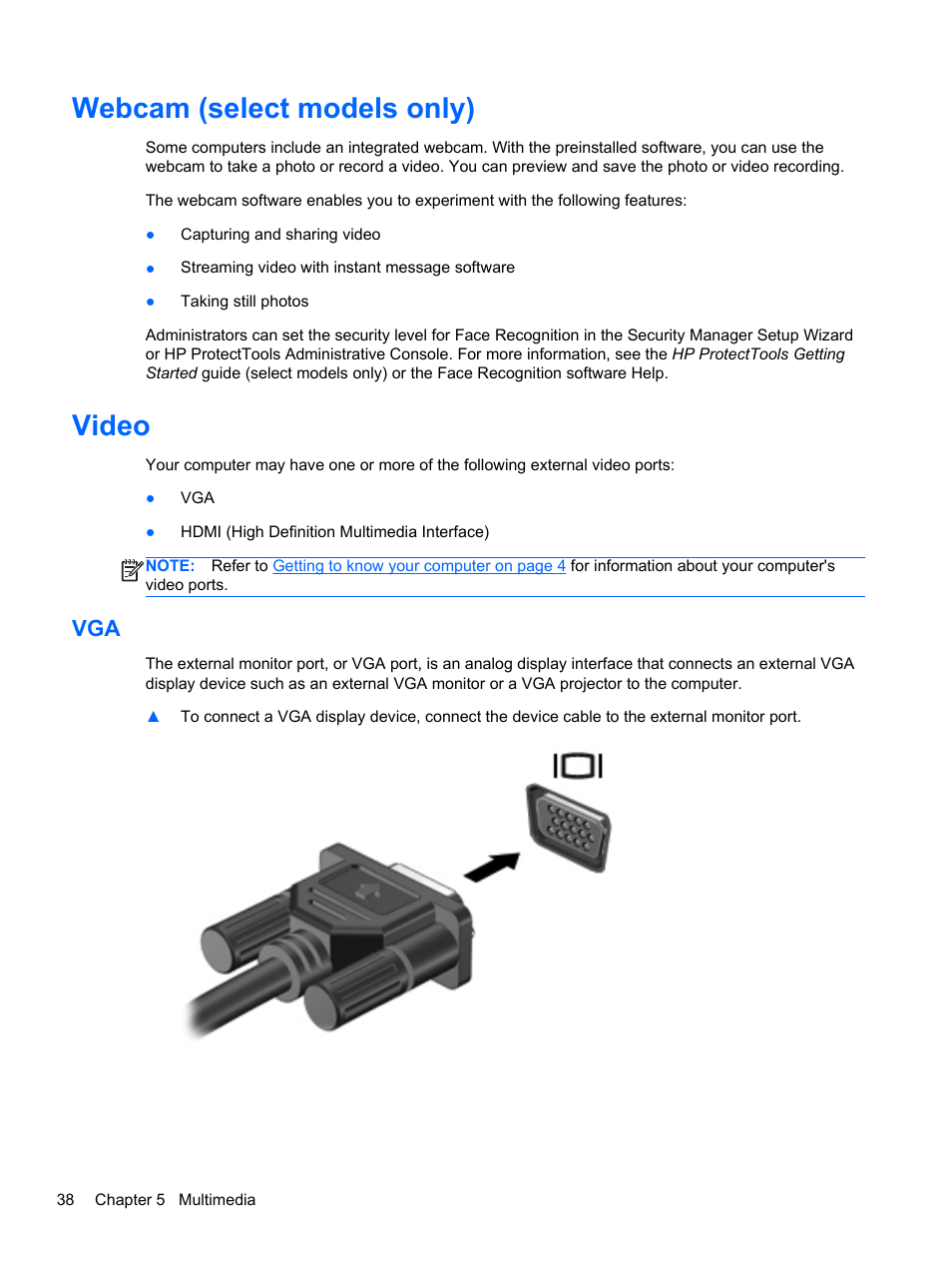 Webcam (select models only), Video, Webcam (select models only) video | HP ProBook 4340s Notebook-PC User Manual | Page 48 / 125