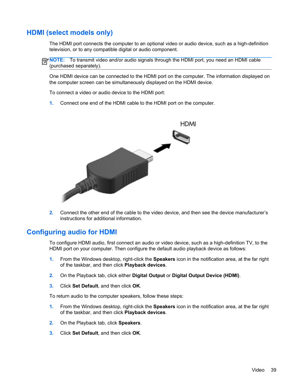 Hdmi (select models only), Configuring audio for hdmi | HP ProBook 4340s Notebook-PC User Manual | Page 49 / 125