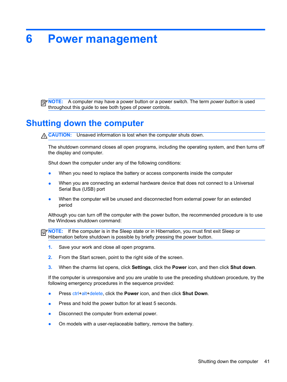 Power management, Shutting down the computer, 6 power management | 6power management | HP ProBook 4340s Notebook-PC User Manual | Page 51 / 125