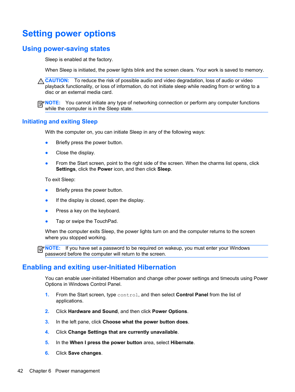 Setting power options, Using power-saving states, Initiating and exiting sleep | Enabling and exiting user-initiated hibernation | HP ProBook 4340s Notebook-PC User Manual | Page 52 / 125