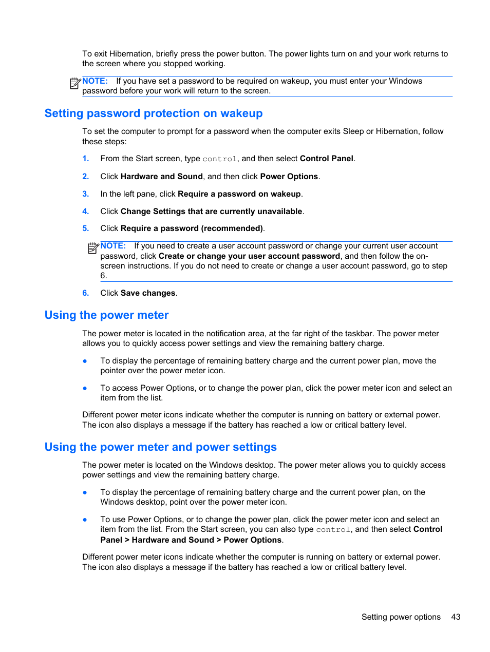 Setting password protection on wakeup, Using the power meter, Using the power meter and power settings | HP ProBook 4340s Notebook-PC User Manual | Page 53 / 125