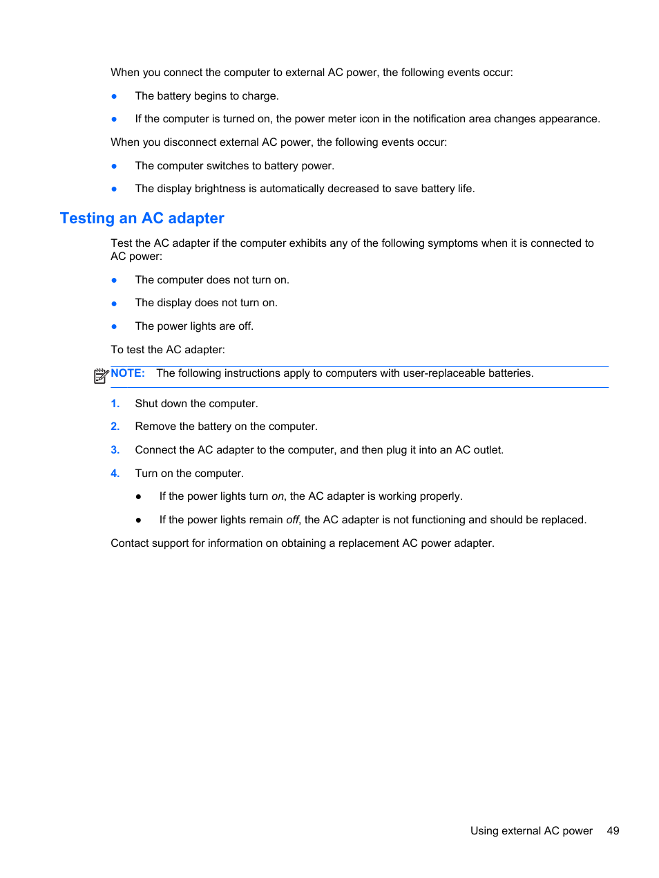Testing an ac adapter | HP ProBook 4340s Notebook-PC User Manual | Page 59 / 125