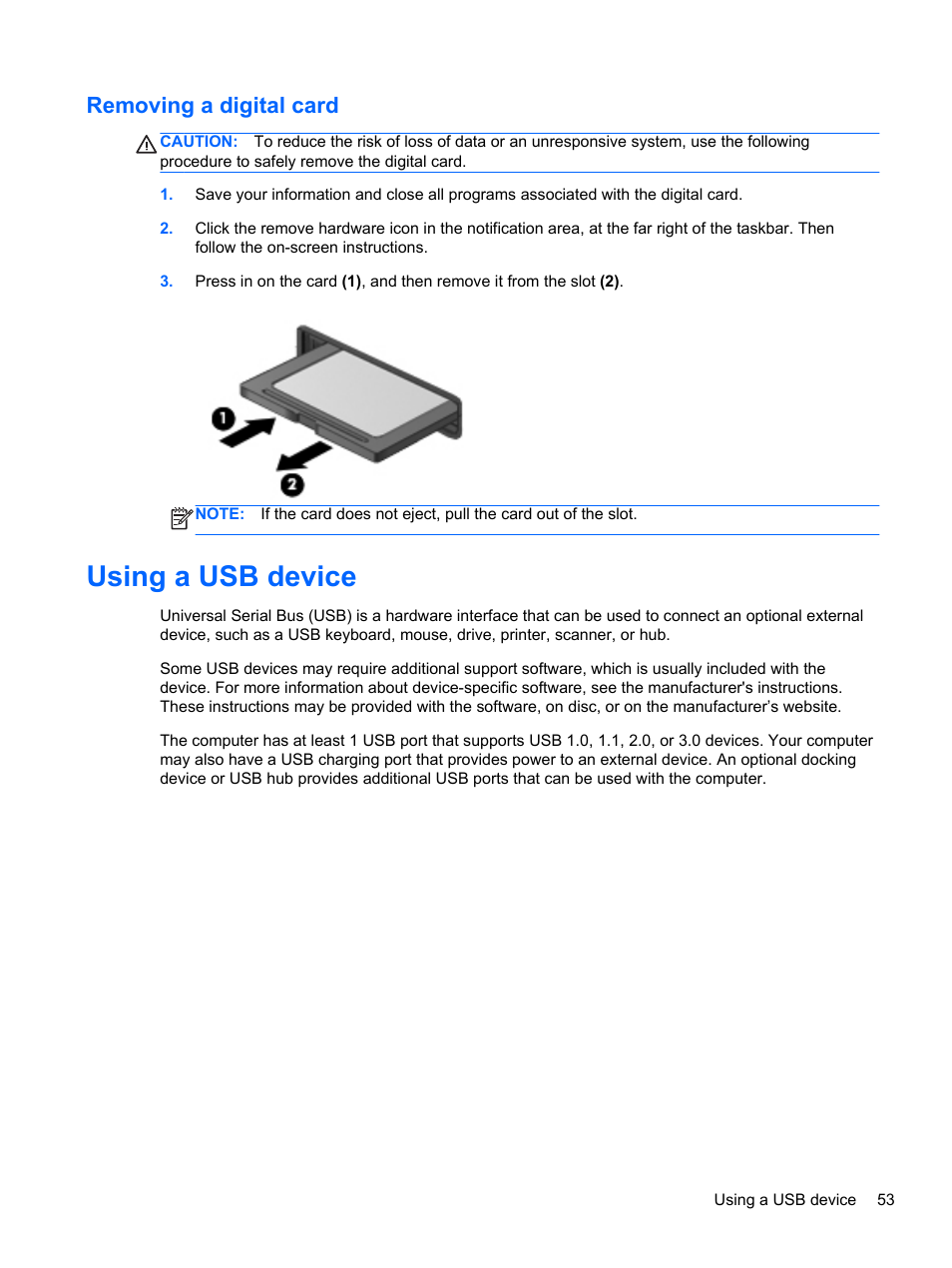 Removing a digital card, Using a usb device | HP ProBook 4340s Notebook-PC User Manual | Page 63 / 125