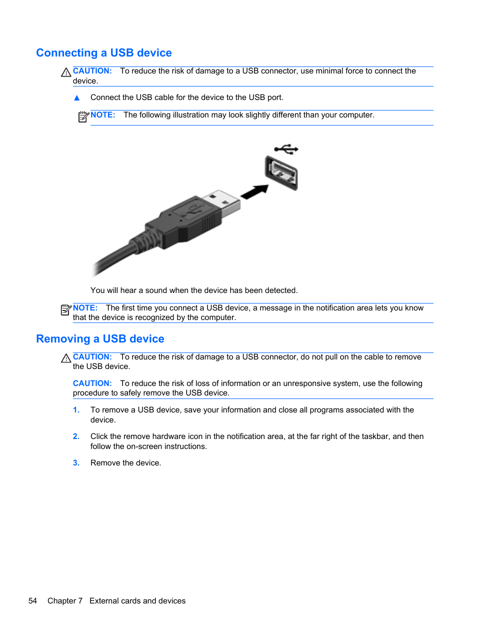 Connecting a usb device, Removing a usb device, Connecting a usb device removing a usb device | HP ProBook 4340s Notebook-PC User Manual | Page 64 / 125