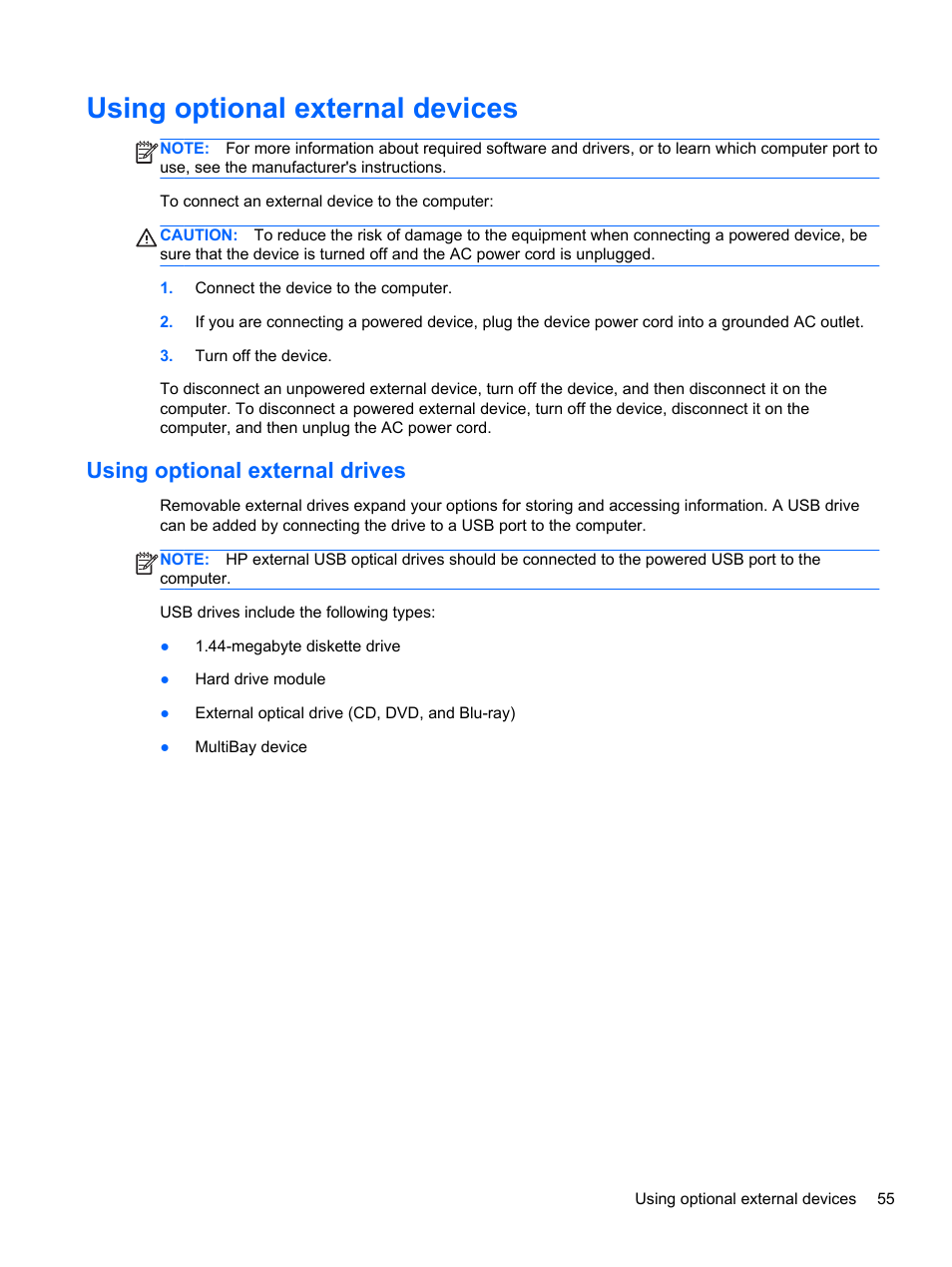 Using optional external devices, Using optional external drives | HP ProBook 4340s Notebook-PC User Manual | Page 65 / 125