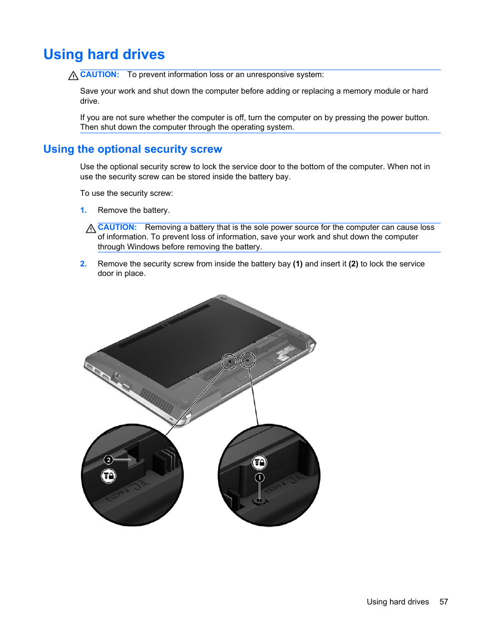 Using hard drives, Using the optional security screw | HP ProBook 4340s Notebook-PC User Manual | Page 67 / 125