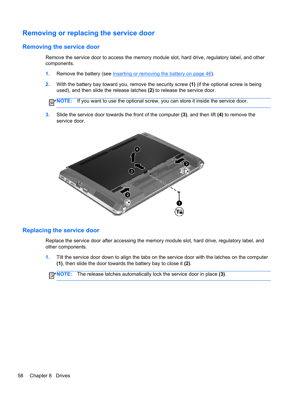 Removing or replacing the service door, Removing the service door, Replacing the service door | HP ProBook 4340s Notebook-PC User Manual | Page 68 / 125