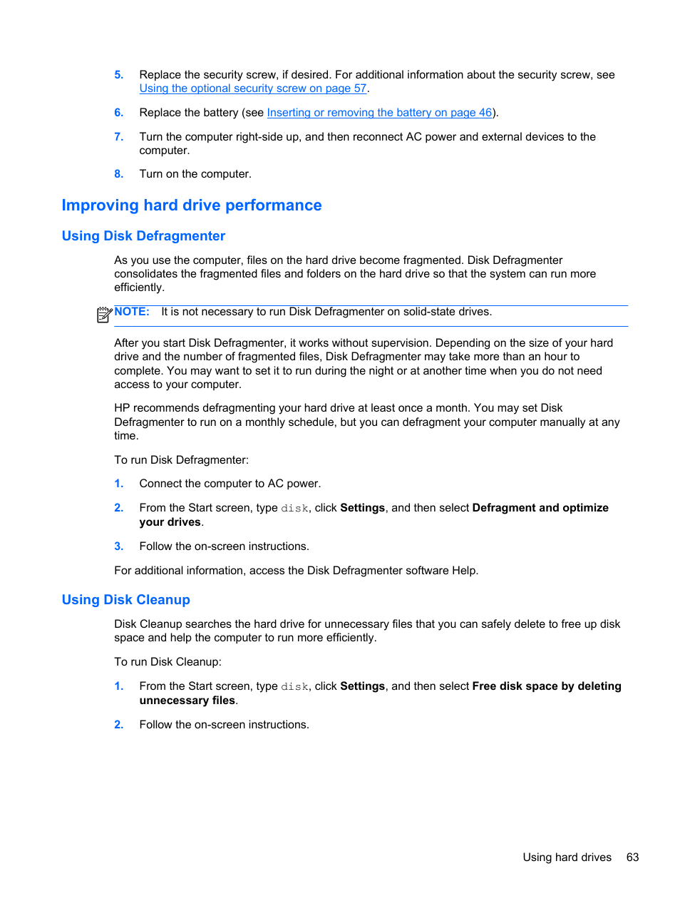 Improving hard drive performance, Using disk defragmenter, Using disk cleanup | Using disk defragmenter using disk cleanup | HP ProBook 4340s Notebook-PC User Manual | Page 73 / 125