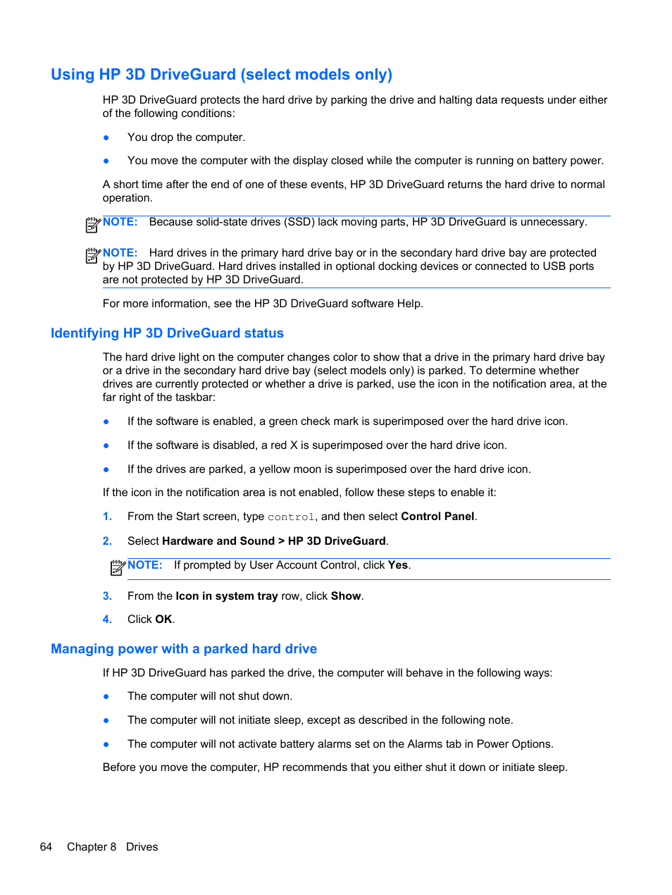 Using hp 3d driveguard (select models only), Identifying hp 3d driveguard status, Managing power with a parked hard drive | HP ProBook 4340s Notebook-PC User Manual | Page 74 / 125