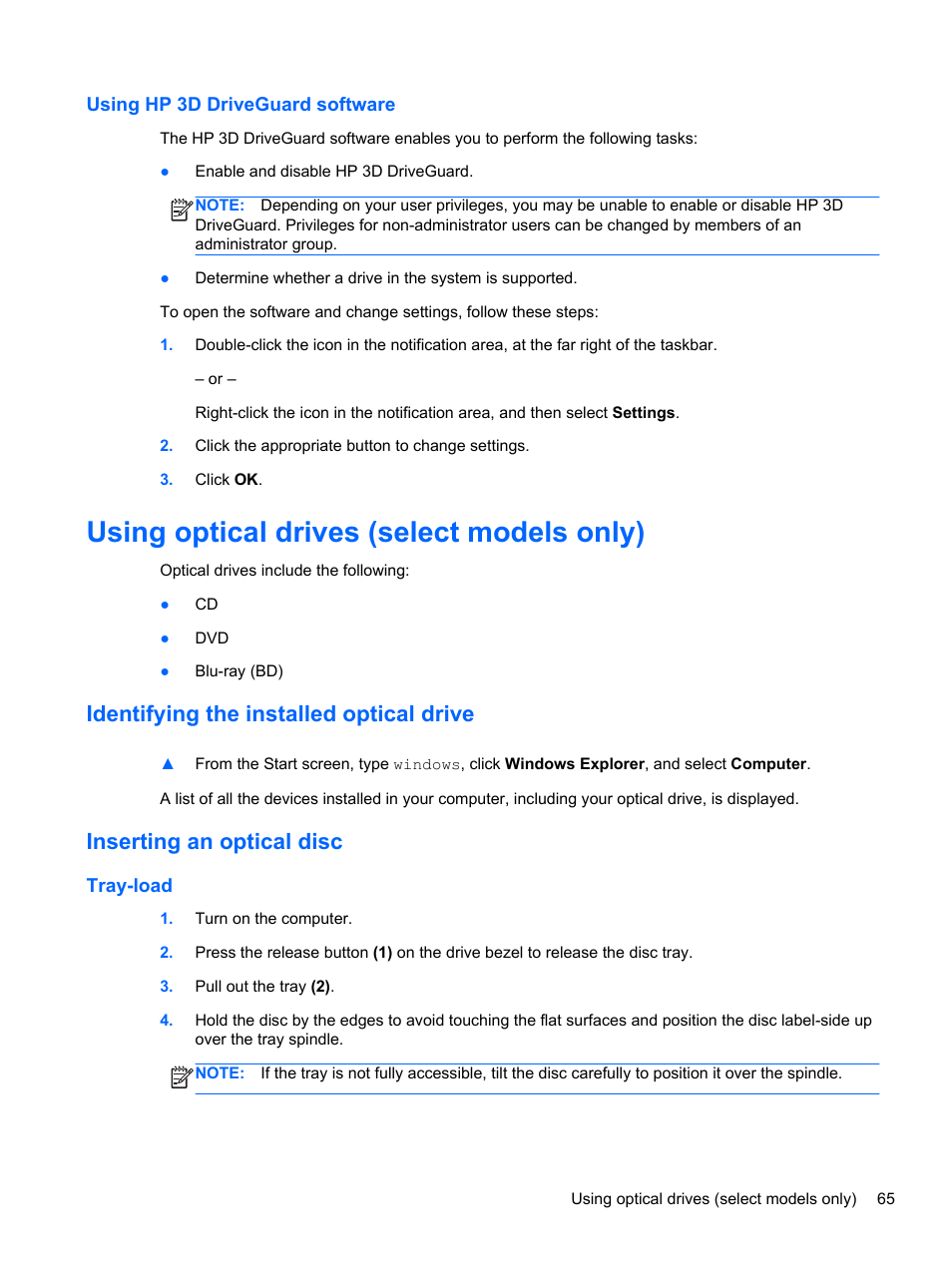 Using hp 3d driveguard software, Using optical drives (select models only), Identifying the installed optical drive | Inserting an optical disc, Tray-load | HP ProBook 4340s Notebook-PC User Manual | Page 75 / 125