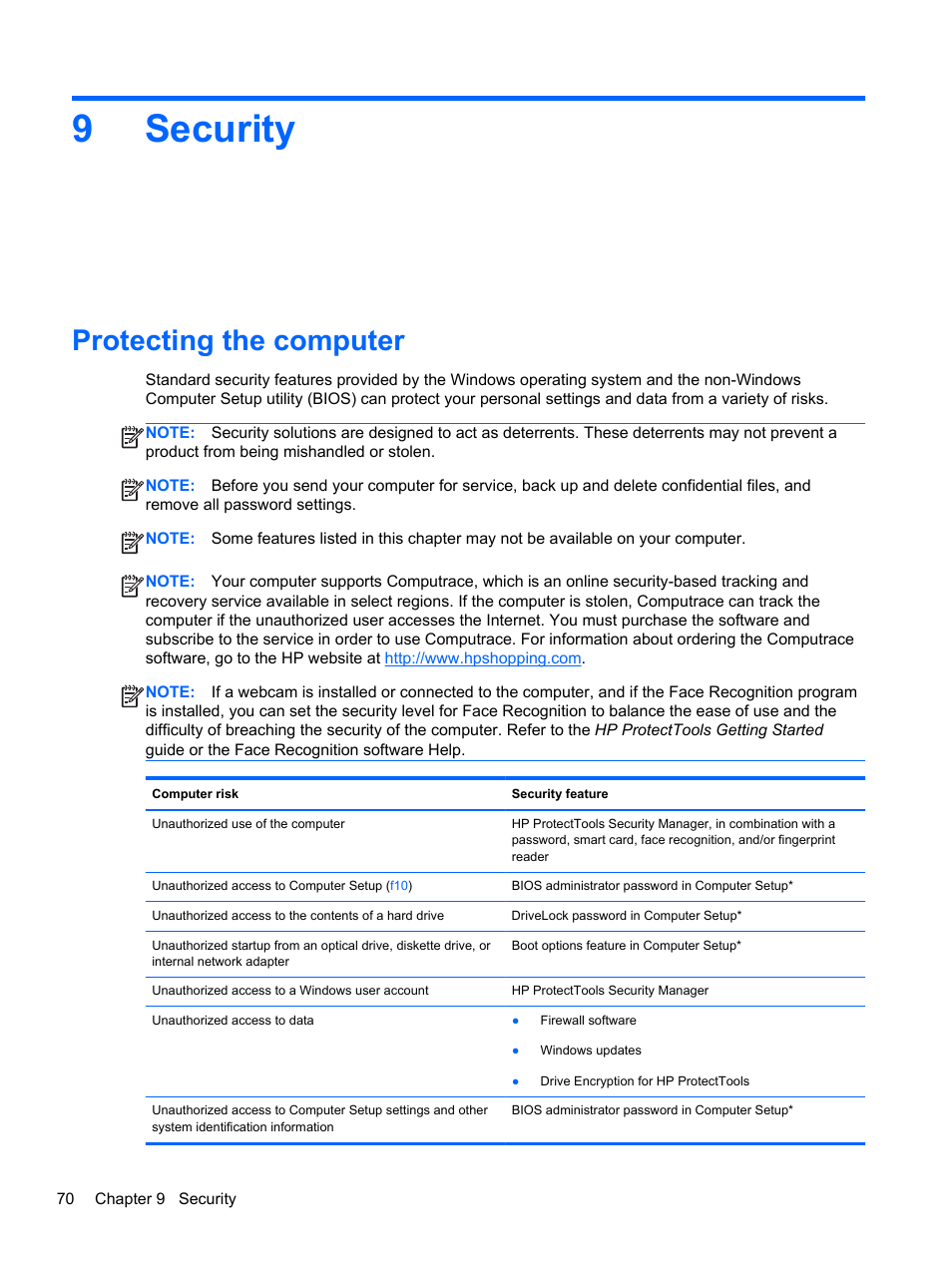 Security, Protecting the computer, 9 security | 9security | HP ProBook 4340s Notebook-PC User Manual | Page 80 / 125