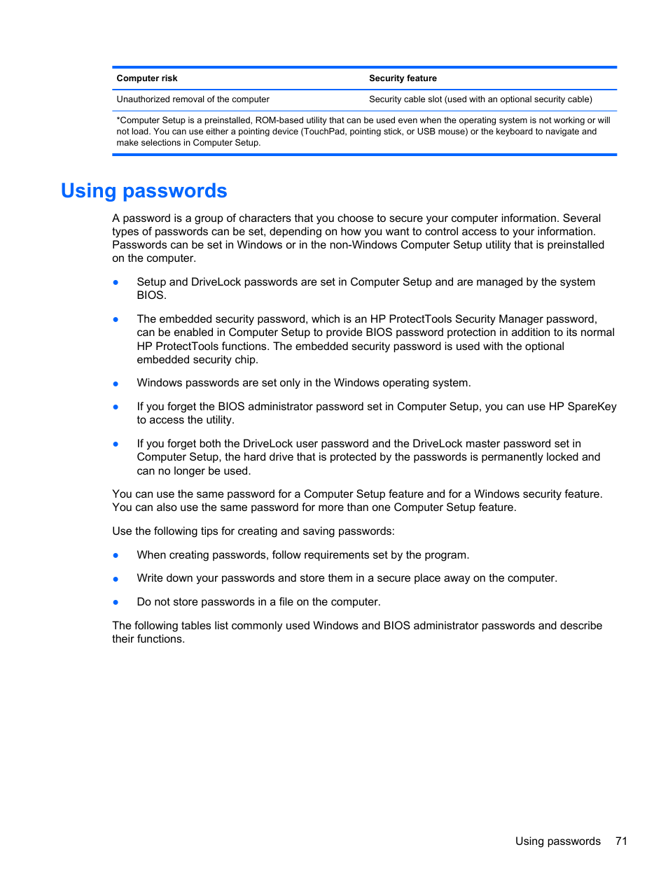 Using passwords | HP ProBook 4340s Notebook-PC User Manual | Page 81 / 125