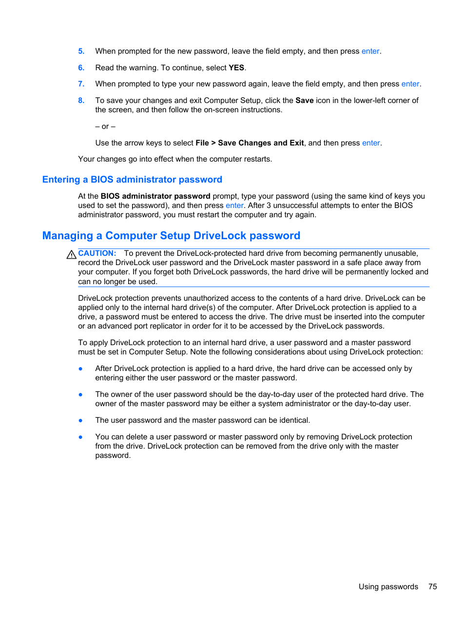 Entering a bios administrator password, Managing a computer setup drivelock password | HP ProBook 4340s Notebook-PC User Manual | Page 85 / 125