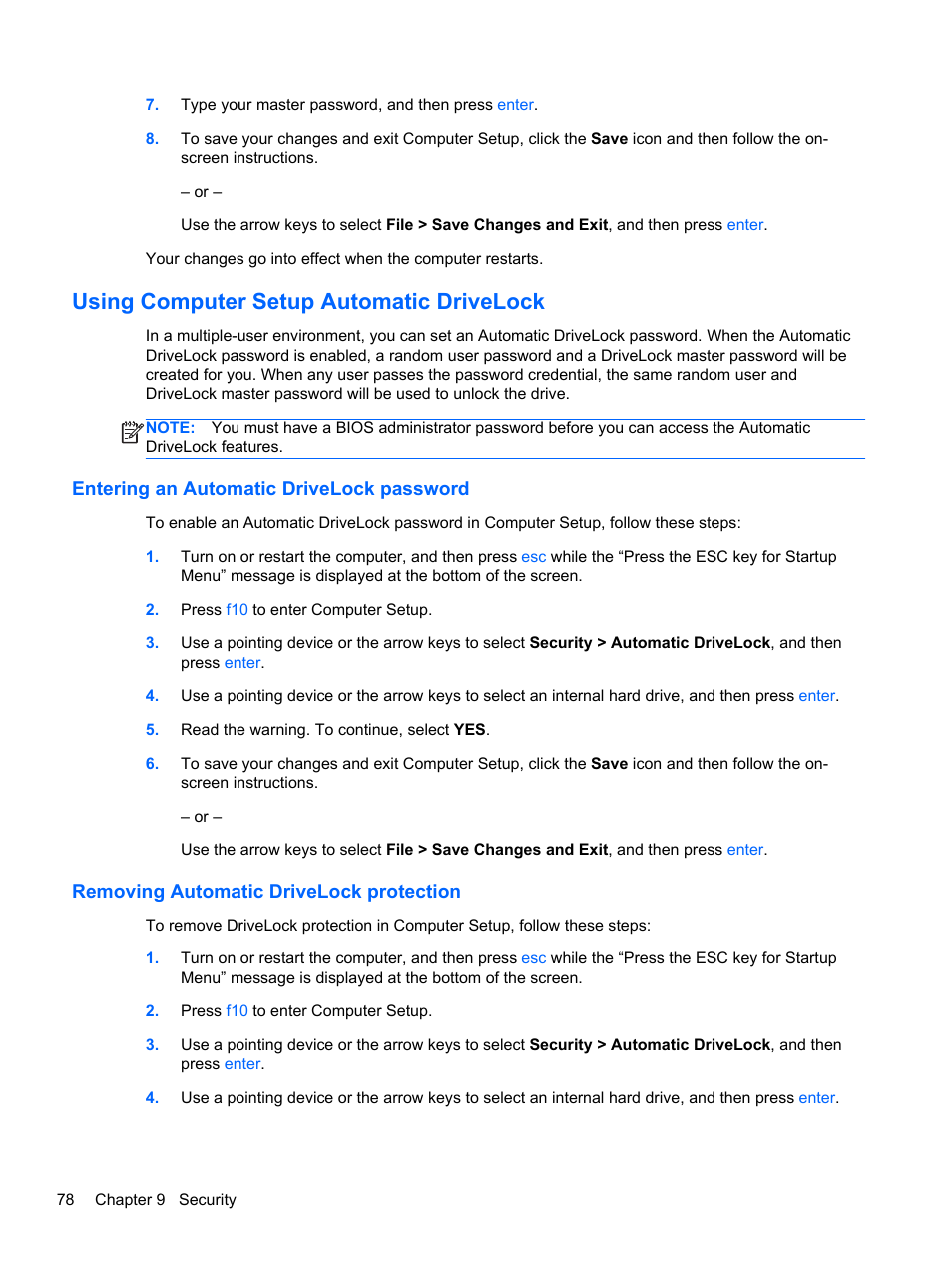 Using computer setup automatic drivelock, Entering an automatic drivelock password, Removing automatic drivelock protection | HP ProBook 4340s Notebook-PC User Manual | Page 88 / 125