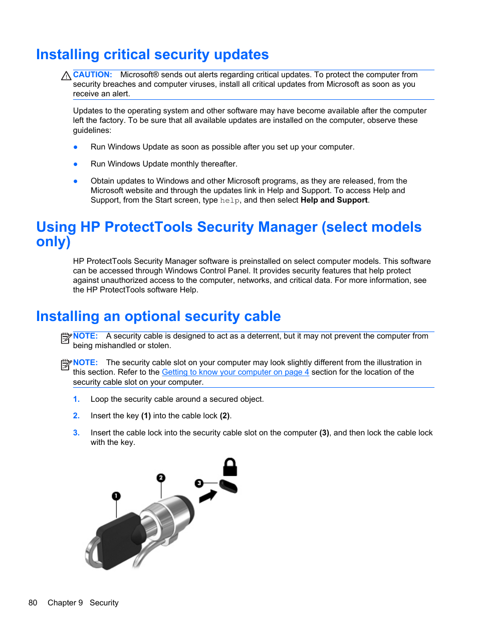 Installing critical security updates, Installing an optional security cable | HP ProBook 4340s Notebook-PC User Manual | Page 90 / 125