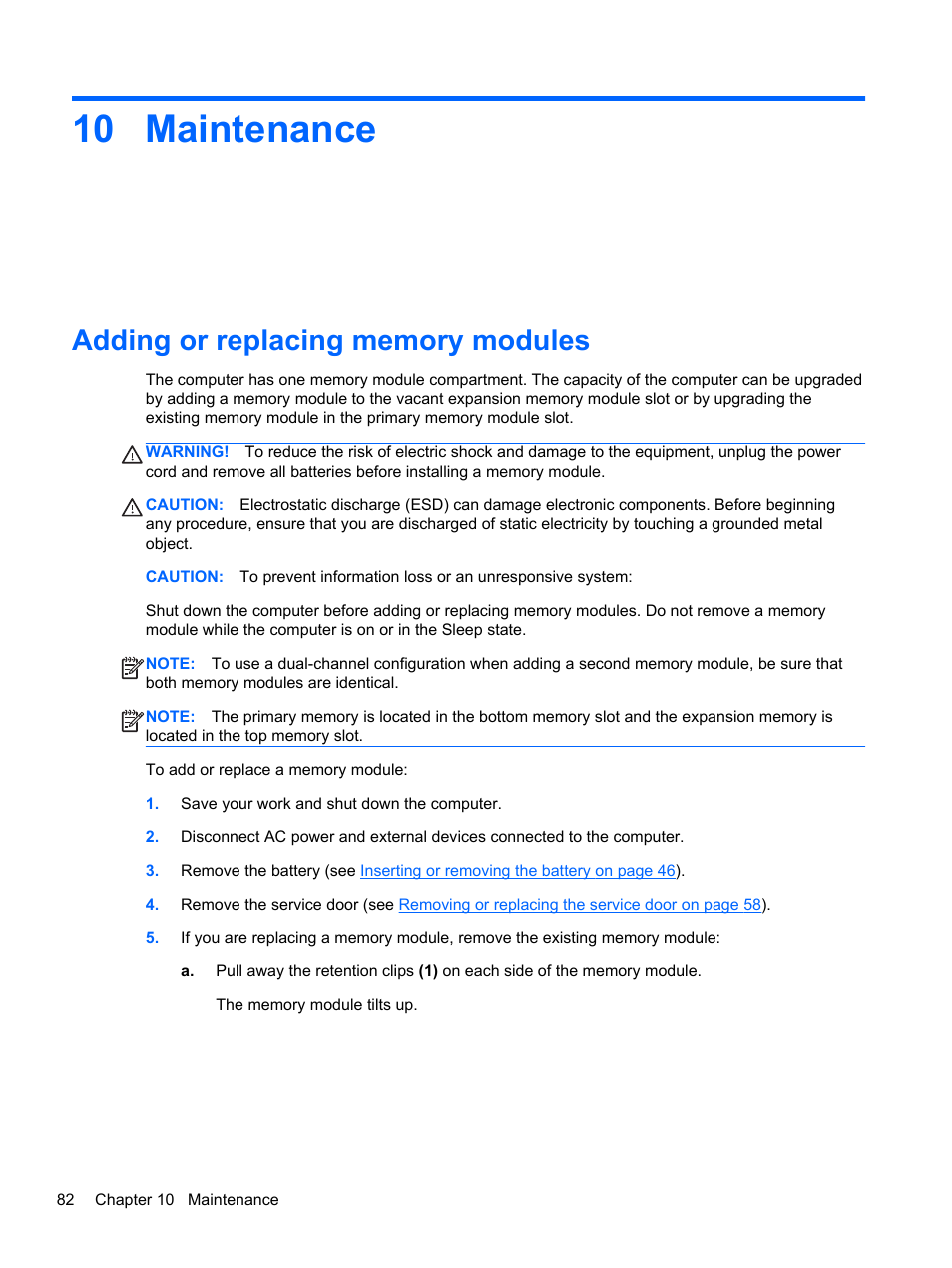 Maintenance, Adding or replacing memory modules, 10 maintenance | HP ProBook 4340s Notebook-PC User Manual | Page 92 / 125