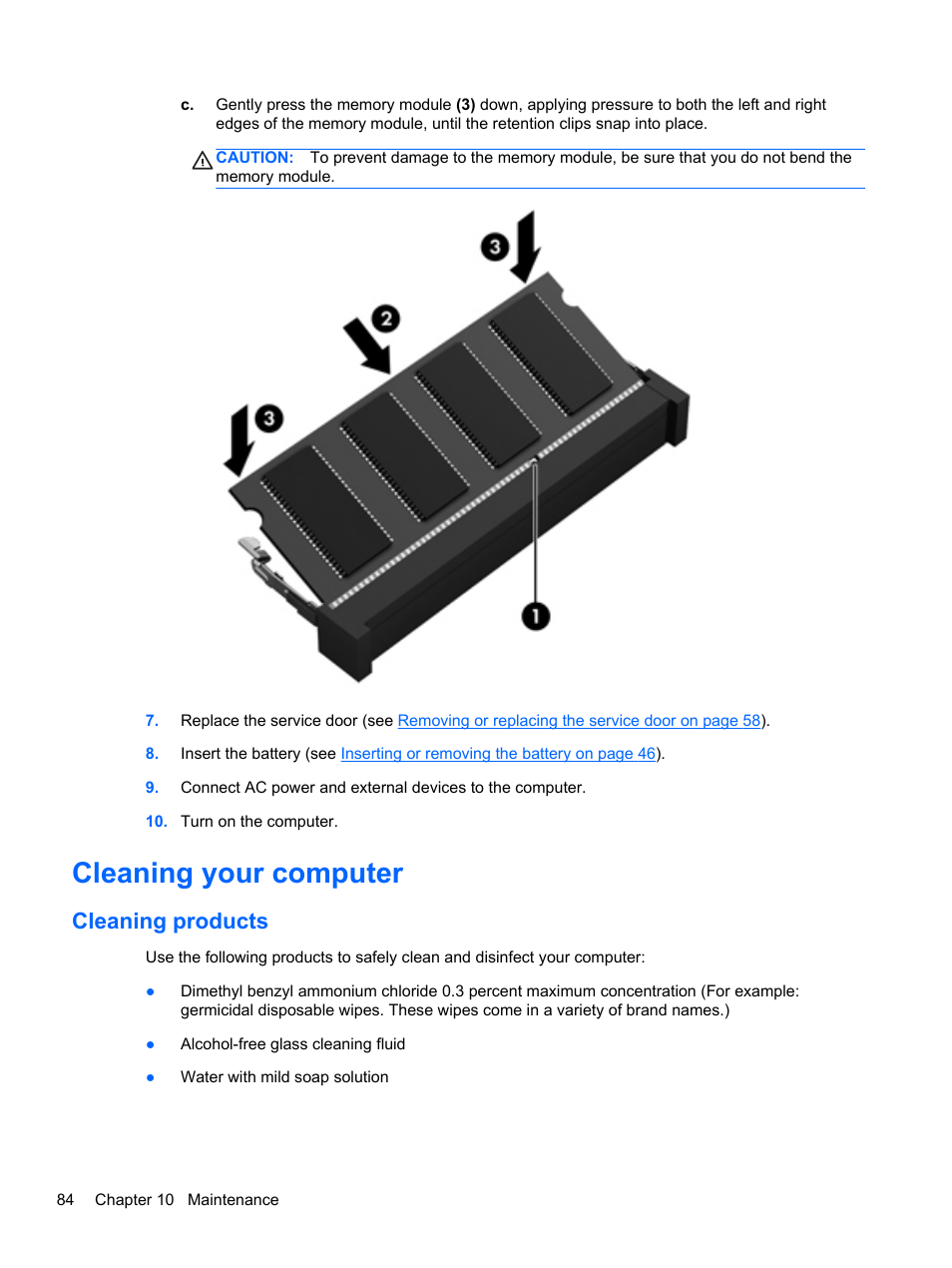 Cleaning your computer, Cleaning products | HP ProBook 4340s Notebook-PC User Manual | Page 94 / 125