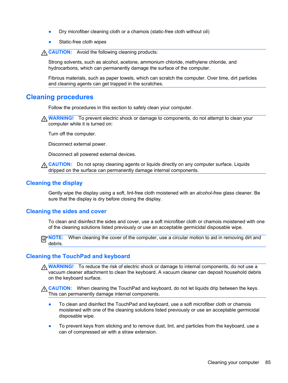 Cleaning procedures, Cleaning the display, Cleaning the sides and cover | Cleaning the touchpad and keyboard | HP ProBook 4340s Notebook-PC User Manual | Page 95 / 125