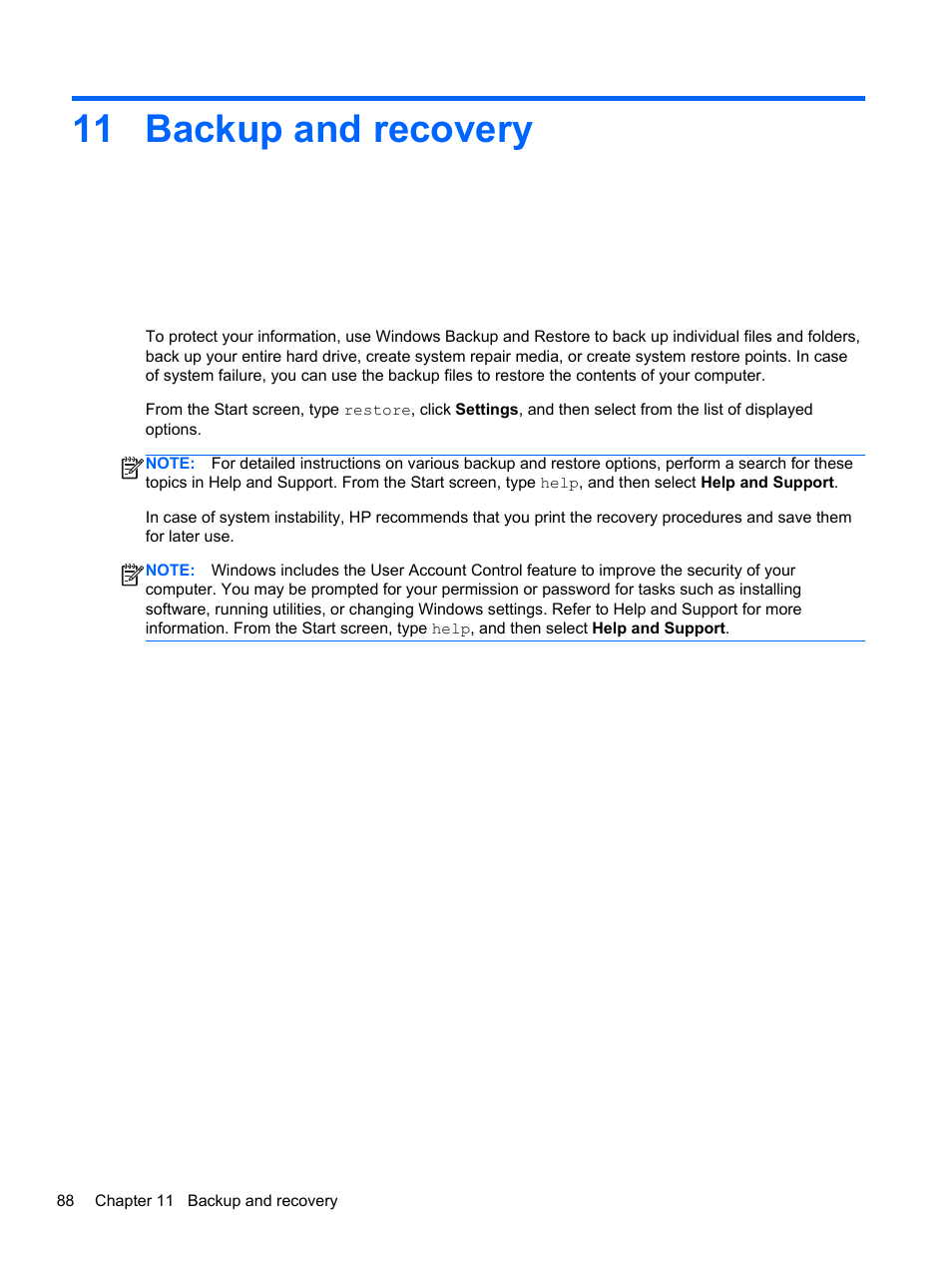 Backup and recovery, 11 backup and recovery | HP ProBook 4340s Notebook-PC User Manual | Page 98 / 125