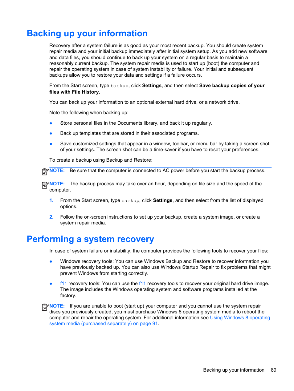 Backing up your information, Performing a system recovery | HP ProBook 4340s Notebook-PC User Manual | Page 99 / 125