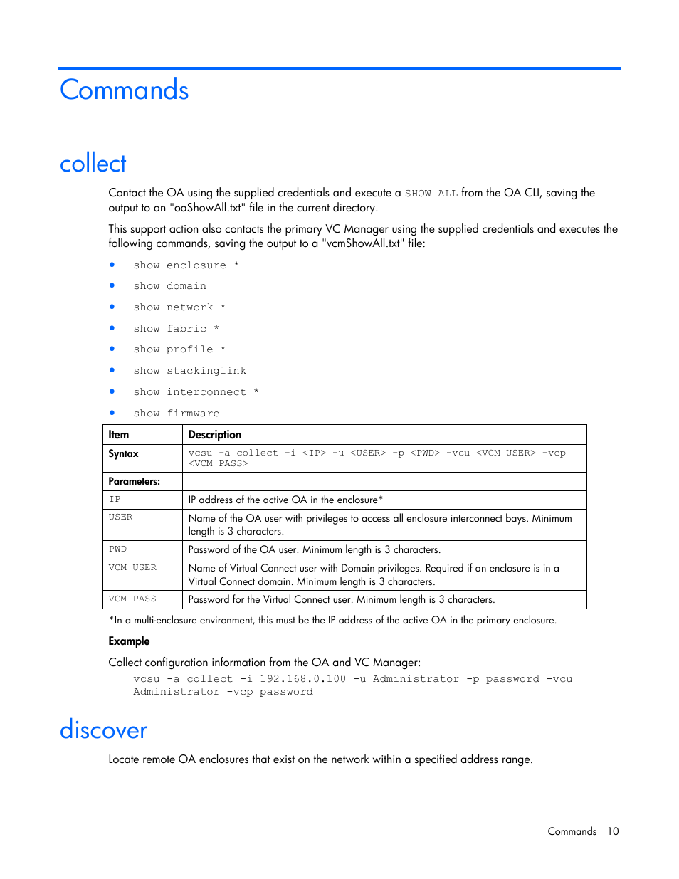 Commands, Collect, Discover | Collect discover | HP Virtual Connect 8Gb 24-port Fibre Channel Module for c-Class BladeSystem User Manual | Page 10 / 21