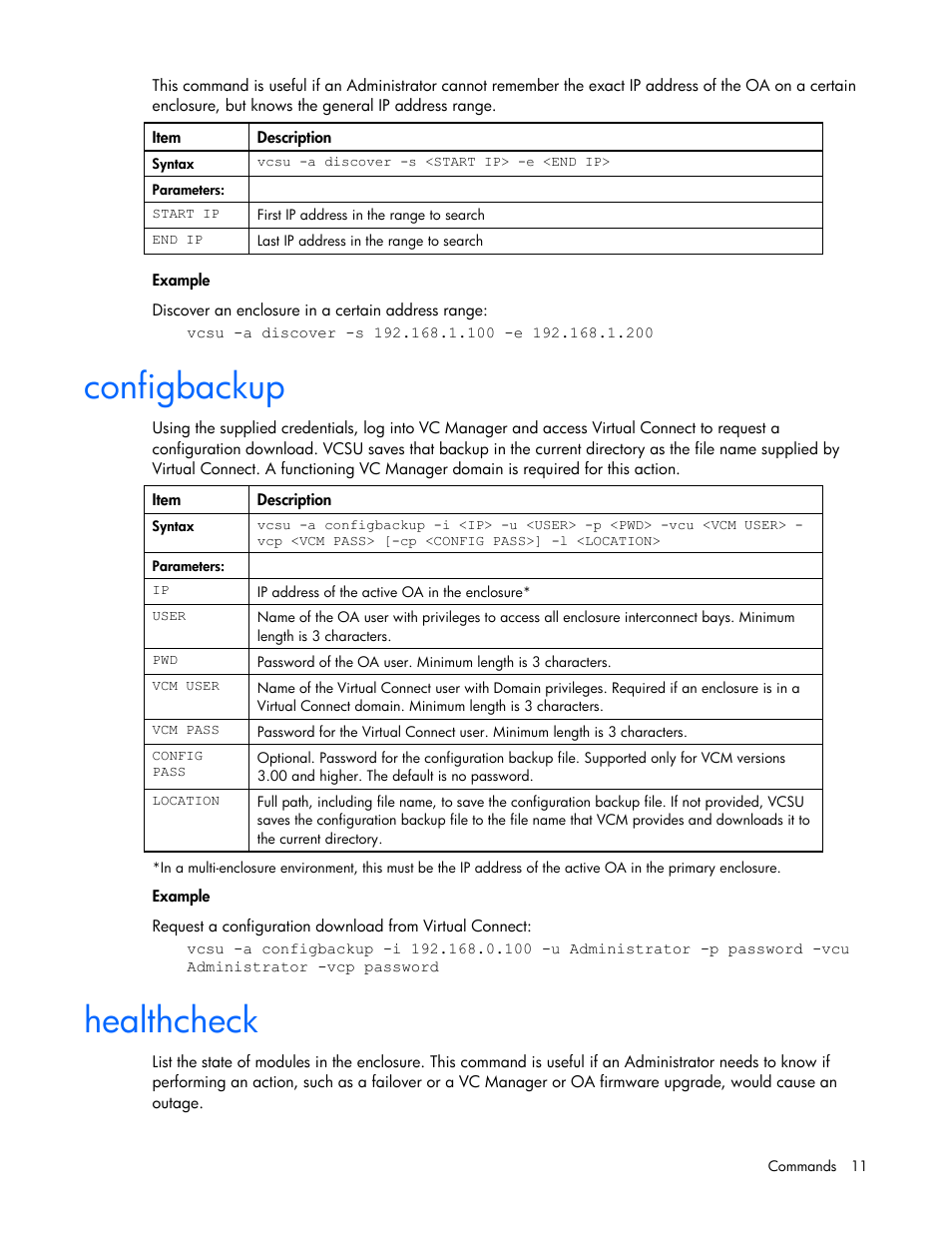 Configbackup, Healthcheck, Configbackup healthcheck | HP Virtual Connect 8Gb 24-port Fibre Channel Module for c-Class BladeSystem User Manual | Page 11 / 21