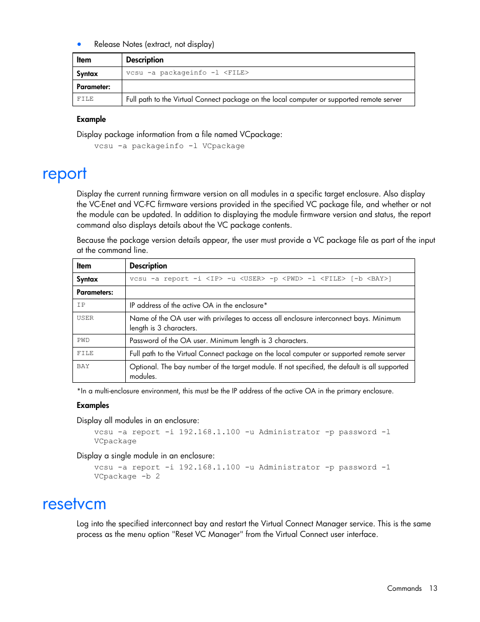 Report, Resetvcm, Report resetvcm | HP Virtual Connect 8Gb 24-port Fibre Channel Module for c-Class BladeSystem User Manual | Page 13 / 21