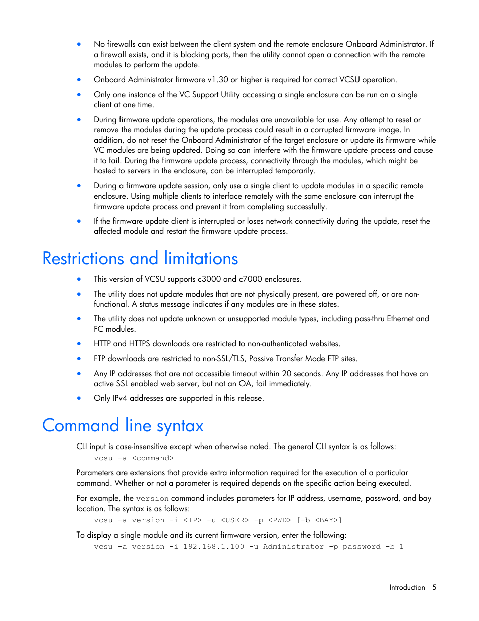 Restrictions and limitations, Command line syntax, Restrictions and limitations command line syntax | HP Virtual Connect 8Gb 24-port Fibre Channel Module for c-Class BladeSystem User Manual | Page 5 / 21