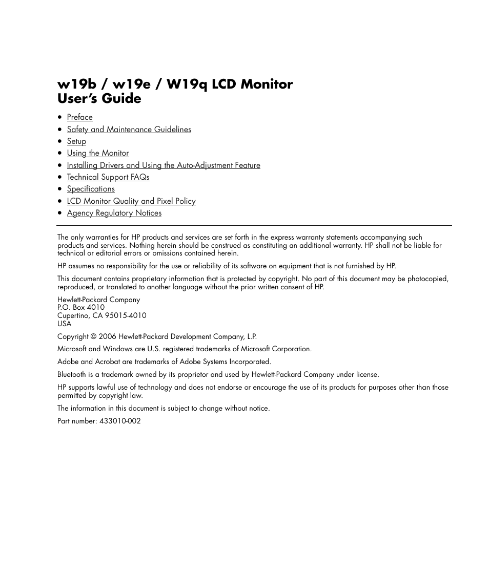 HP w19e 19 inch LCD Monitor User Manual | 32 pages