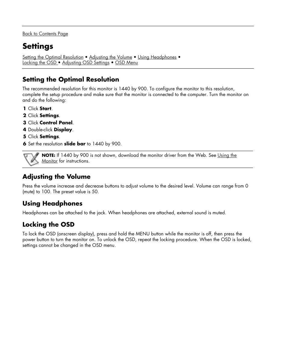 Settings, Setting the optimal resolution, Adjusting the volume | Using headphones, Locking the osd | HP w19e 19 inch LCD Monitor User Manual | Page 14 / 32