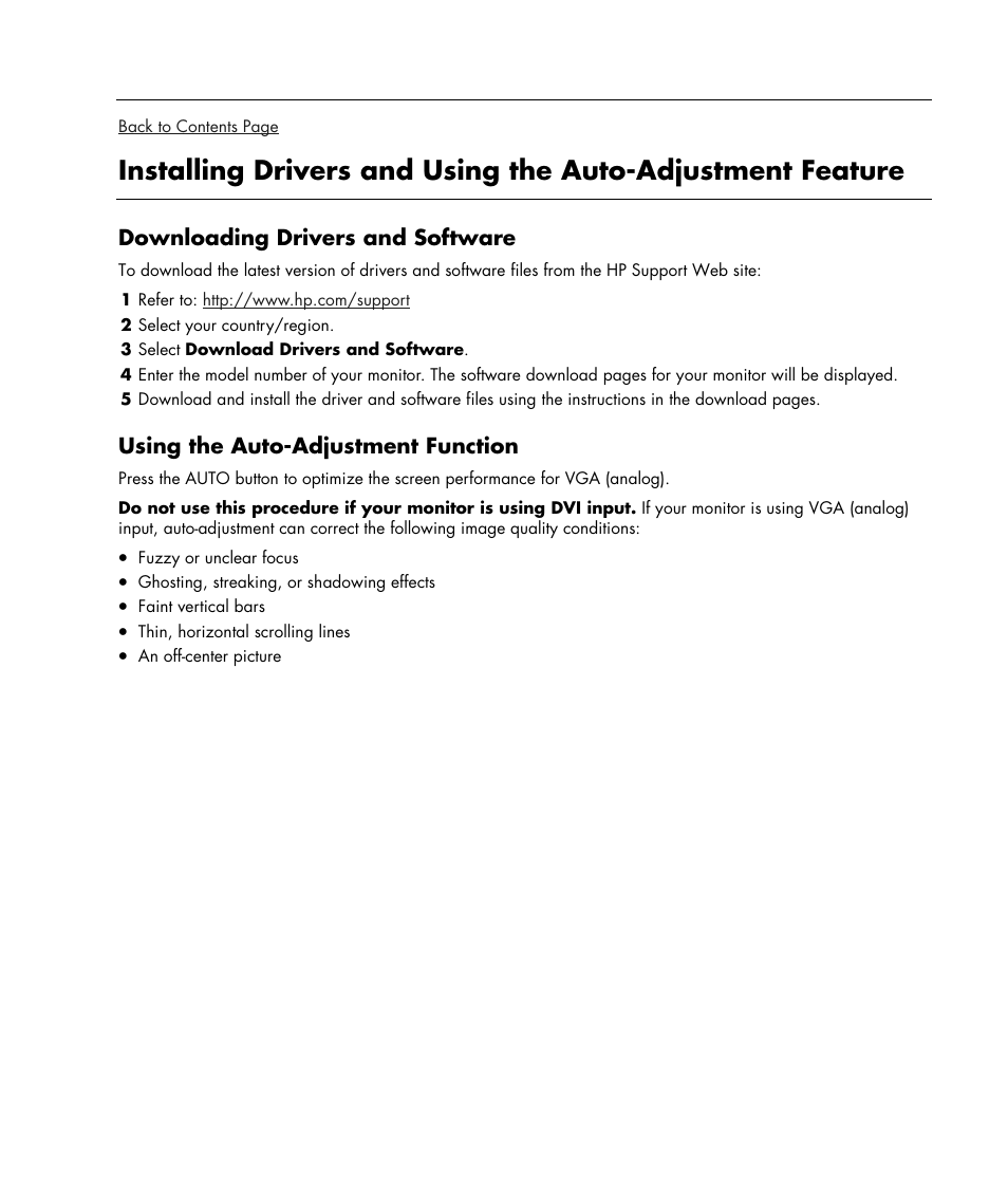 Downloading drivers and software, Using the auto-adjustment function | HP w19e 19 inch LCD Monitor User Manual | Page 17 / 32