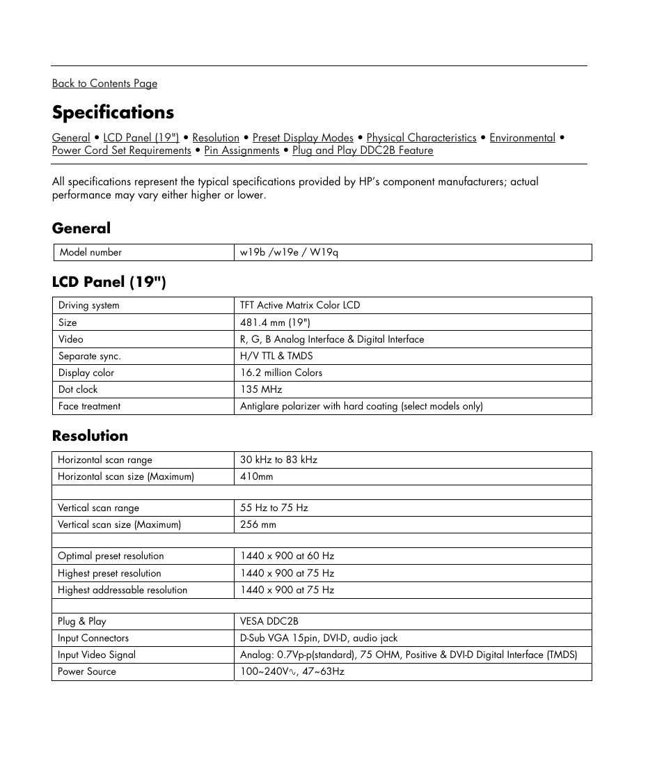 Specifications, General, Lcd panel (19") | Resolution | HP w19e 19 inch LCD Monitor User Manual | Page 20 / 32