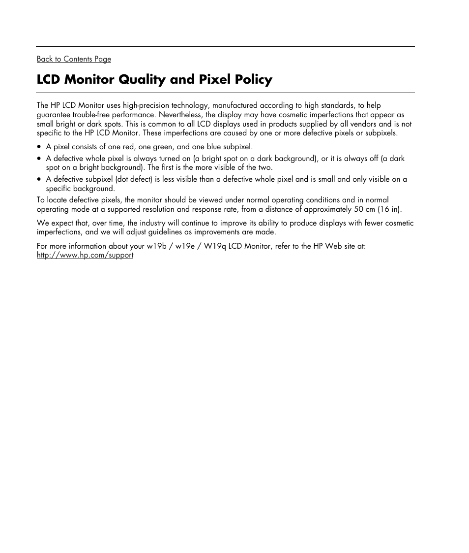 Lcd monitor quality and pixel policy | HP w19e 19 inch LCD Monitor User Manual | Page 24 / 32