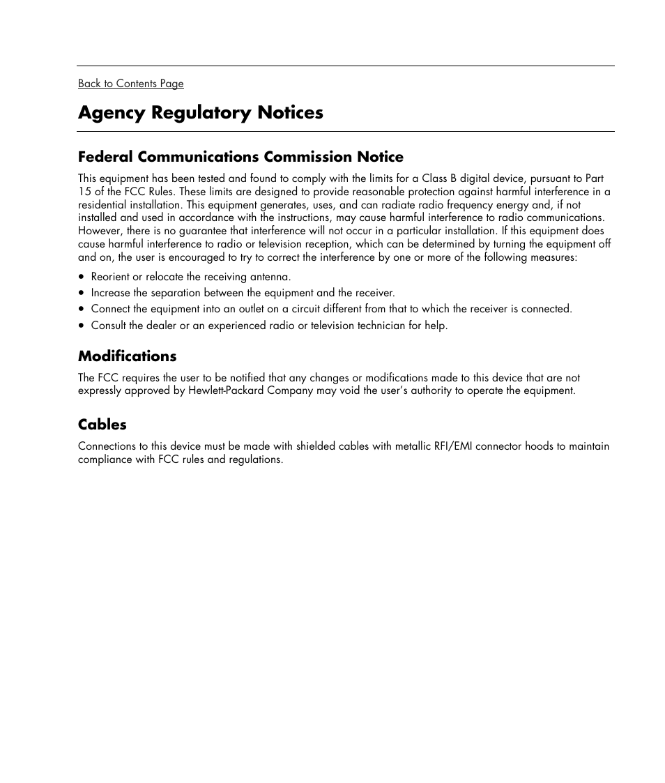 Agency regulatory notices, Federal communications commission notice, Modifications | Cables | HP w19e 19 inch LCD Monitor User Manual | Page 25 / 32