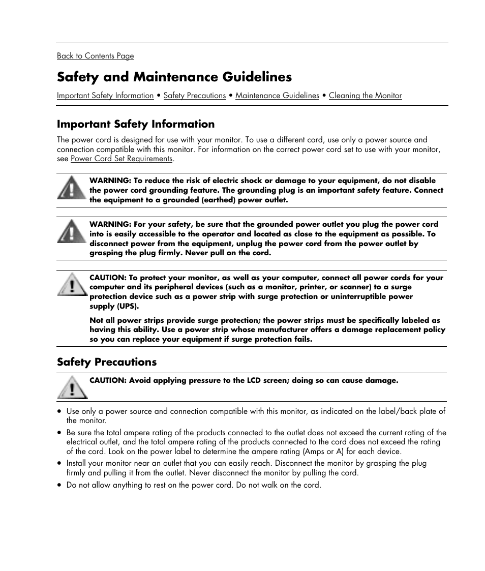 Safety and maintenance guidelines, Important safety information, Safety precautions | HP w19e 19 inch LCD Monitor User Manual | Page 3 / 32