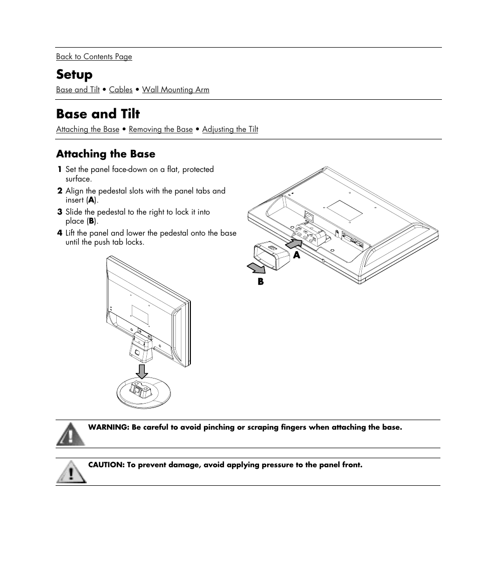 Setup, Base and tilt, Attaching the base | HP w19e 19 inch LCD Monitor User Manual | Page 5 / 32