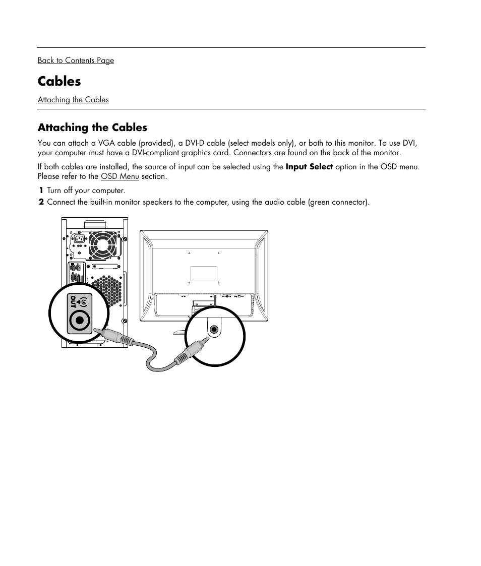 Cables, Attaching the cables | HP w19e 19 inch LCD Monitor User Manual | Page 8 / 32