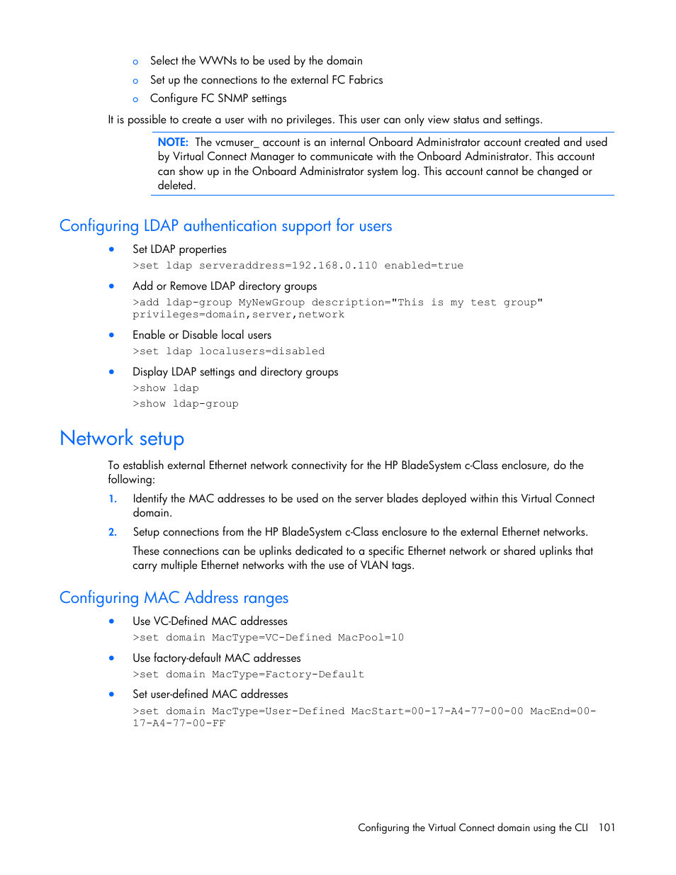 Configuring ldap authentication support for users, Network setup, Configuring mac address ranges | HP Integrity BL870c i2 Server-Blade User Manual | Page 101 / 117