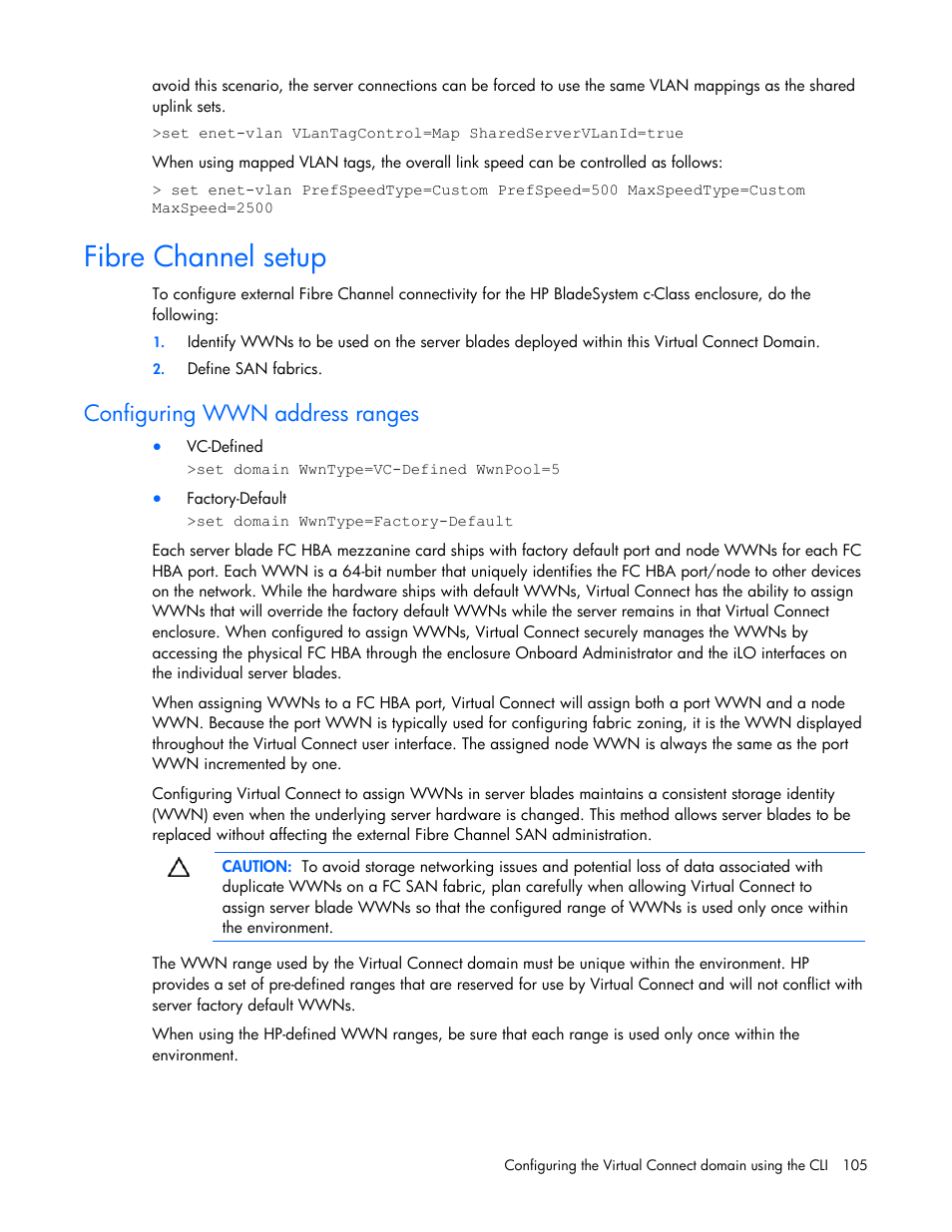 Fibre channel setup, Configuring wwn address ranges | HP Integrity BL870c i2 Server-Blade User Manual | Page 105 / 117