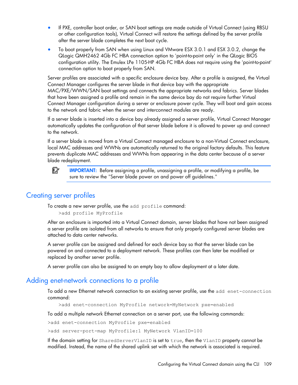 Creating server profiles, Adding enet-network connections to a profile | HP Integrity BL870c i2 Server-Blade User Manual | Page 109 / 117