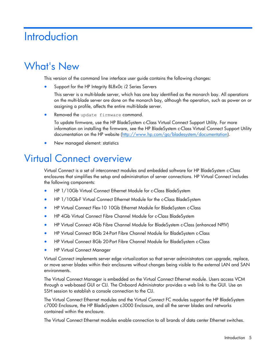 Introduction, What's new, Virtual connect overview | HP Integrity BL870c i2 Server-Blade User Manual | Page 5 / 117