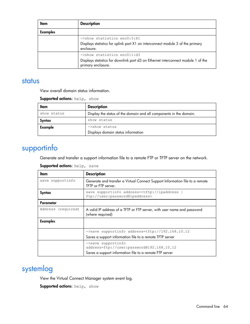 Status, Supportinfo, Systemlog | HP Integrity BL870c i2 Server-Blade User Manual | Page 64 / 117