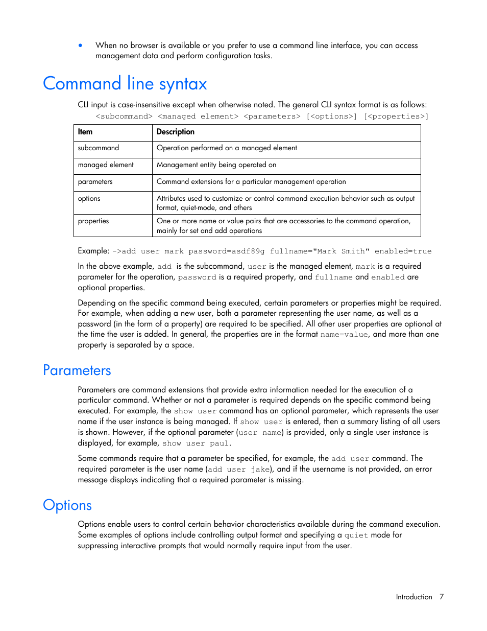 Command line syntax, Parameters, Options | HP Integrity BL870c i2 Server-Blade User Manual | Page 7 / 117