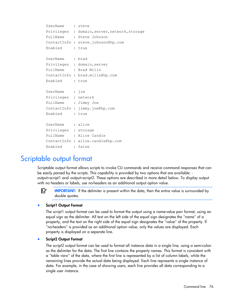 Scriptable output format | HP Integrity BL870c i2 Server-Blade User Manual | Page 76 / 117