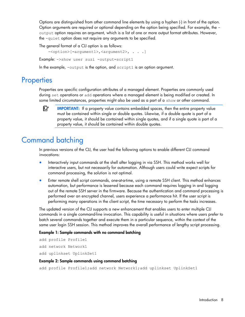 Properties, Command batching | HP Integrity BL870c i2 Server-Blade User Manual | Page 8 / 117