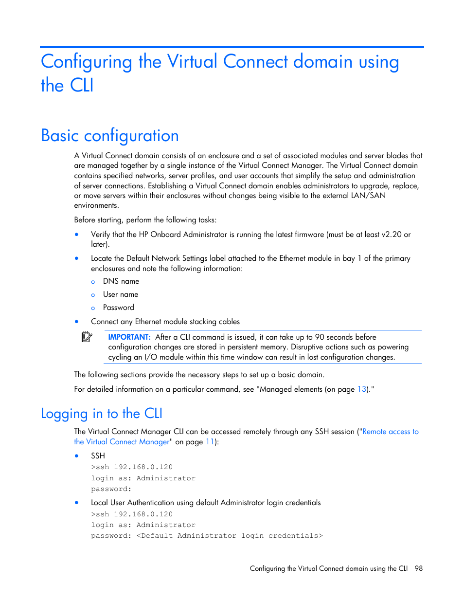 Basic configuration, Logging in to the cli | HP Integrity BL870c i2 Server-Blade User Manual | Page 98 / 117